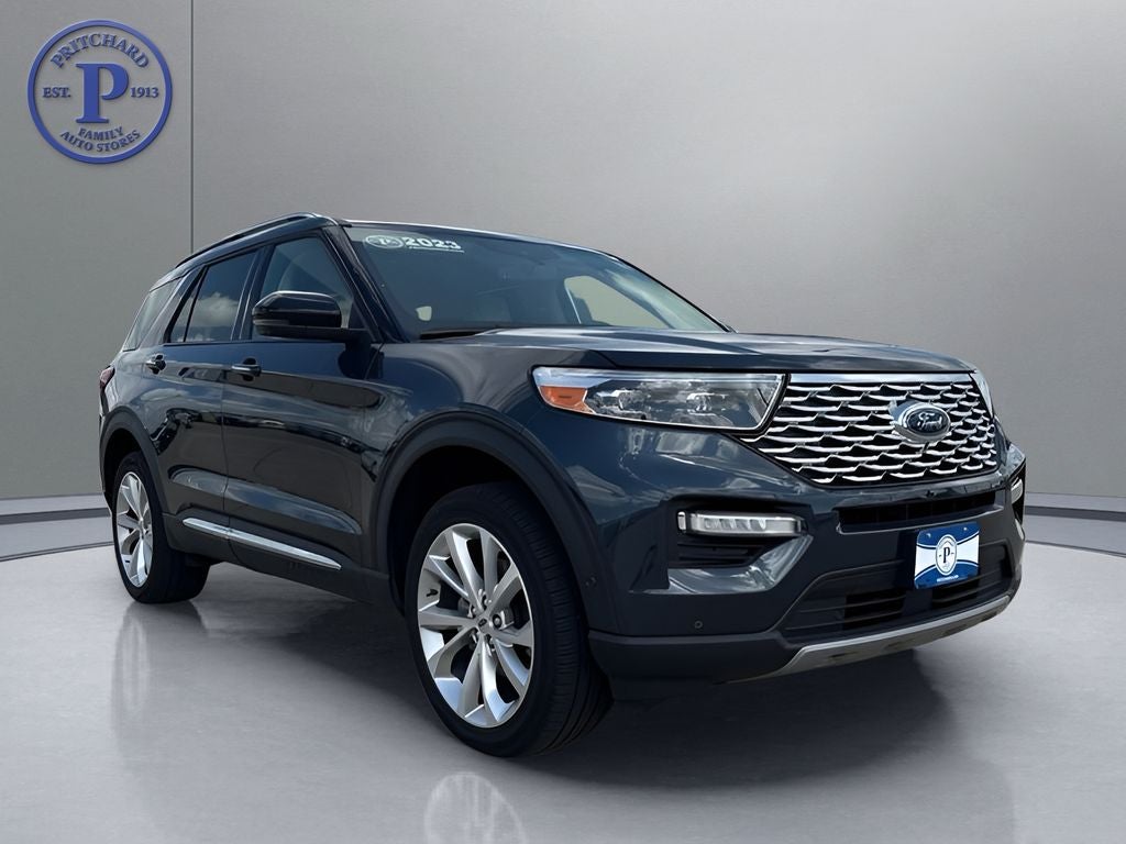 2023 Ford Explorer Platinum in Blue Metallic — front three-quarter view