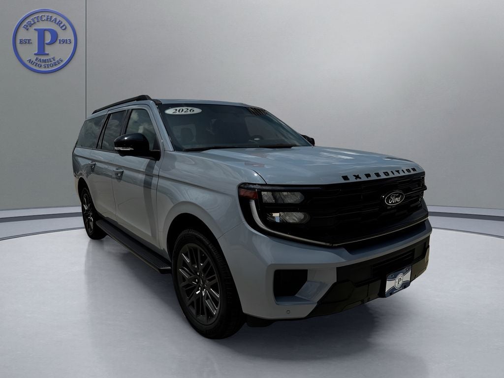 2026 Ford Expedition MAX Platinum in Glacier Gray Metallic Tri-Coat — front three-quarter view