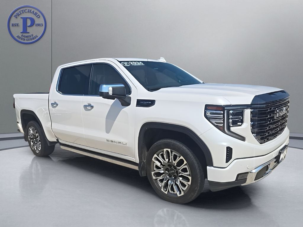 2024 GMC Sierra 1500 Denali Ultimate in White Frost Tricoat — front three-quarter view